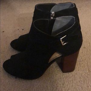 Blacked open toe heeled booties